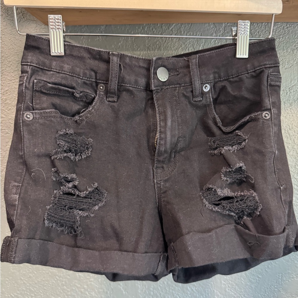 Aeropostale Black Distressed Roll-Cuff Denim Shorts